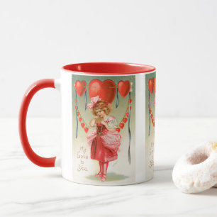Taza Día de San Valentín antiguo, niña victoriana con c