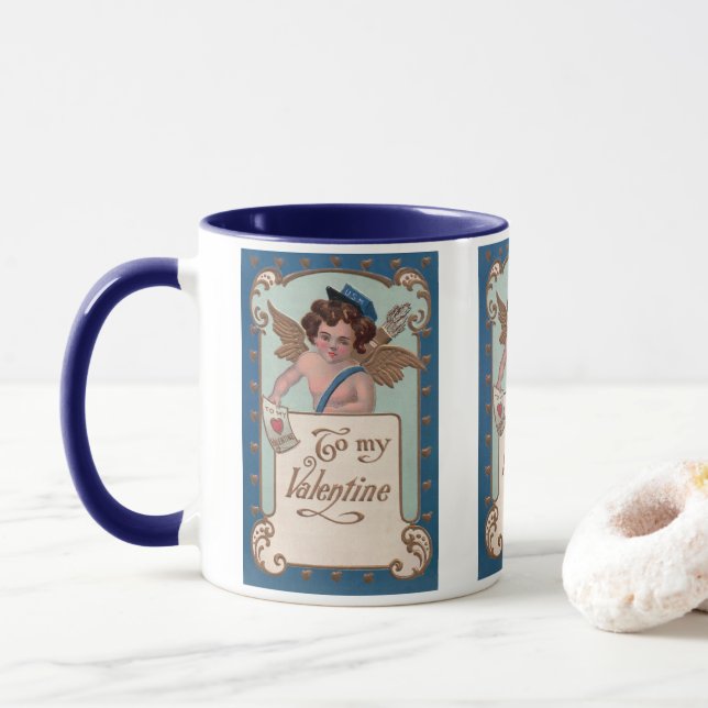 Taza Día de San Valentín antiguo, Querubín con cartas d (Con donut)