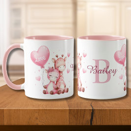 Taza Día de San Valentín Cute Giraffes sosteniendo un g