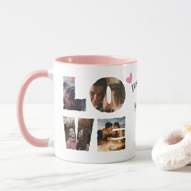Taza Día de San Valentín de Collage de fotos de AMOR pe (Con donut)