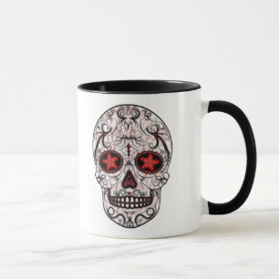 Taza Día del fractal rojo y negro muerto del cráneo d