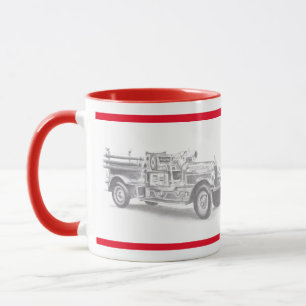 Taza dibujo a lápiz de camión de bomberos antiguo