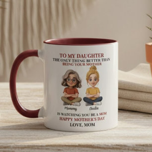 Taza Dibujo animado de madre e hija con cita roja conmo