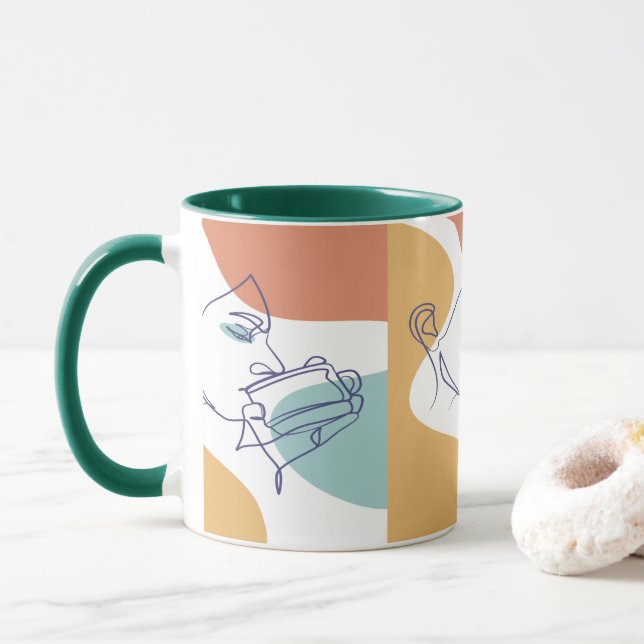 Taza dibujo de arte de línea de póster de mujer bebiend (Con donut)