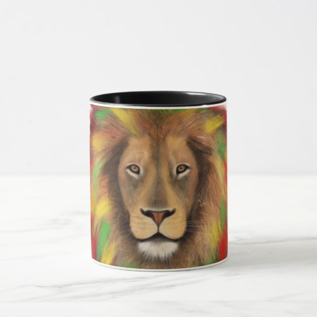 Taza Dibujo de cabeza de león Rasta rojo amarillo verde (Centro)