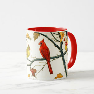 Taza Dibujo de época, cardenales en una rama de otoño