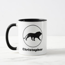 Taza Dibujo de León Negro en Marco Circular Personaliza