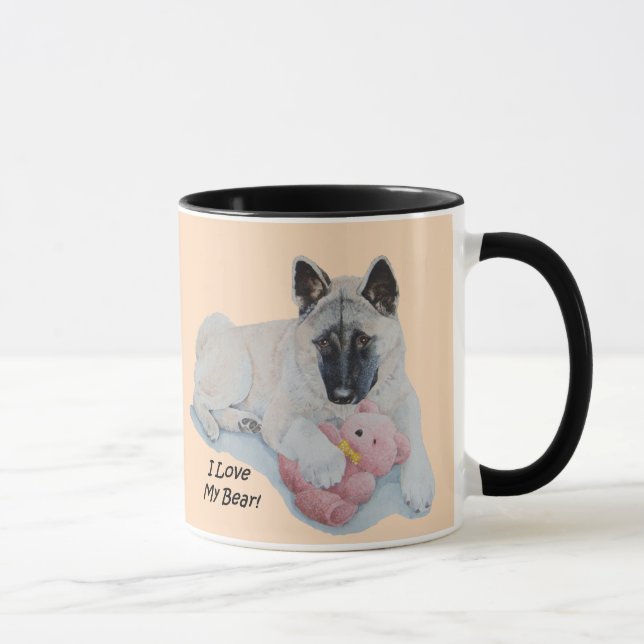 Taza dibujo de un lindo akita acurrucando oso de peluch (Derecha)