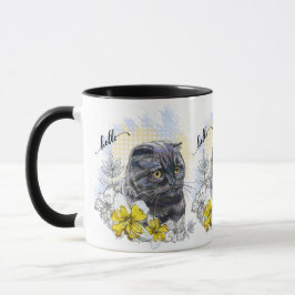 Taza Dibujo manual gracioso gato negro británico con fl