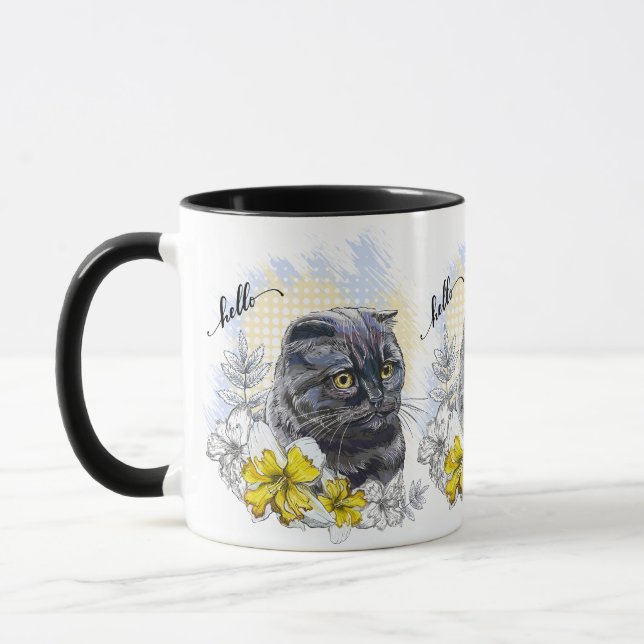Taza Dibujo manual gracioso gato negro británico con fl (Izquierda)