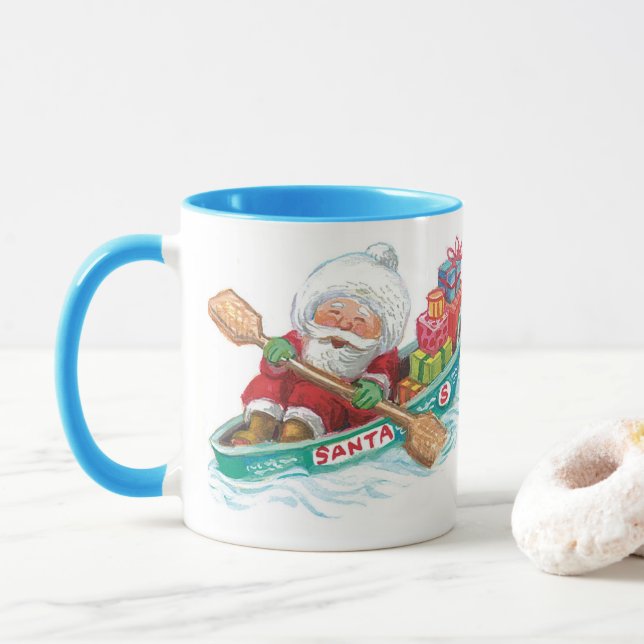 Taza Dibujo mono de Papá Noel alegre en una barca (Con donut)