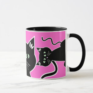 Taza Dibujo retro de ojos verdes de tres gatos negros