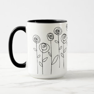 Taza Dibujo Simple de Flores en Blanco y Negro