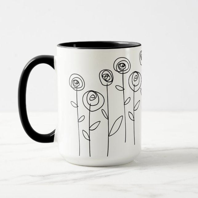 Taza Dibujo Simple de Flores en Blanco y Negro (Izquierda)