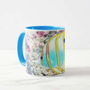 Taza Dibujo vintage de peces azules amarillos en el mar