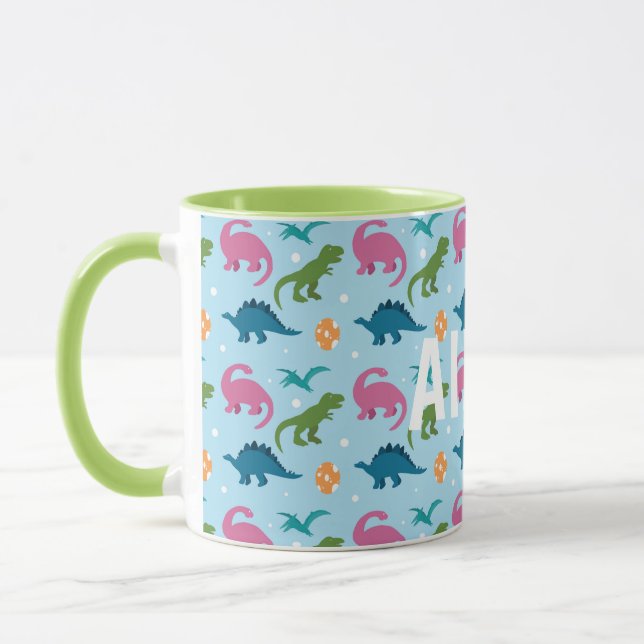 Taza Dino Divertido Niños Naranja Rosa Azul Verde Nombr (Izquierda)