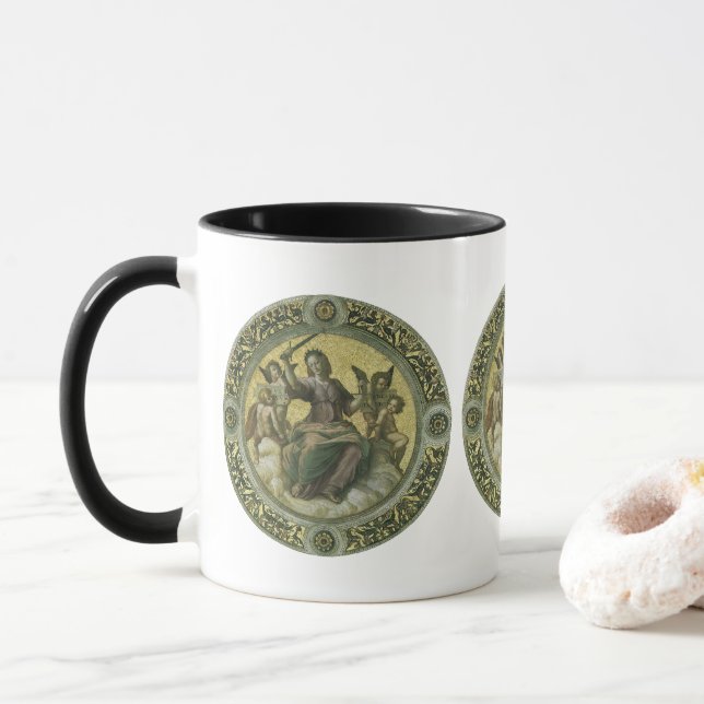 Taza Diosa romana Justicia con ángeles de Raphael (Con donut)