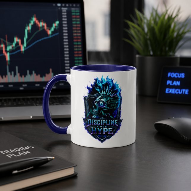 Taza Disciplina Sobre el Resplandor Azul Bitcoin Cripto (Product image shown for illustration purposes only.)