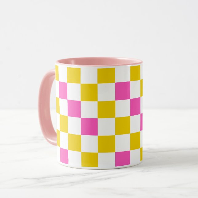Taza Diseño a cuadros amarillo blanco rosa (Anverso izquierdo)