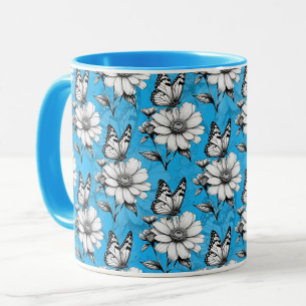 Taza Diseño azul del patrón de flor de mariposa