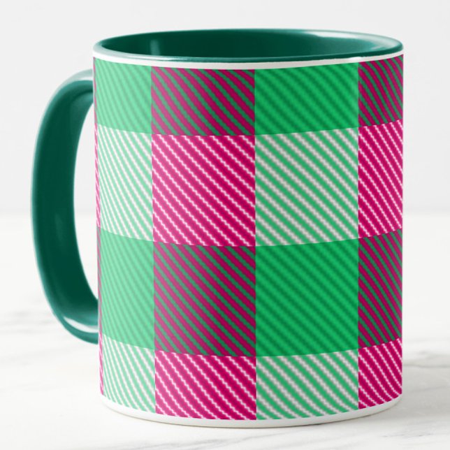 Taza Diseño de cheques de Gingham verde rosa (Subido por el creador)
