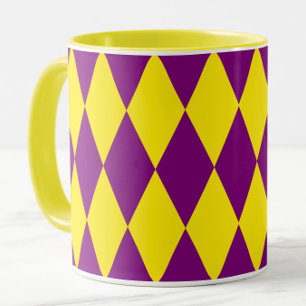 Taza Diseño de cuadros arlequín púrpura y amarillo