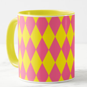 Taza Diseño de cuadros arlequín rosa y amarillo