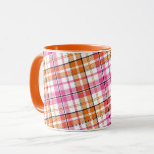 Taza Diseño de cuadros escoceses blanco rosa naranja