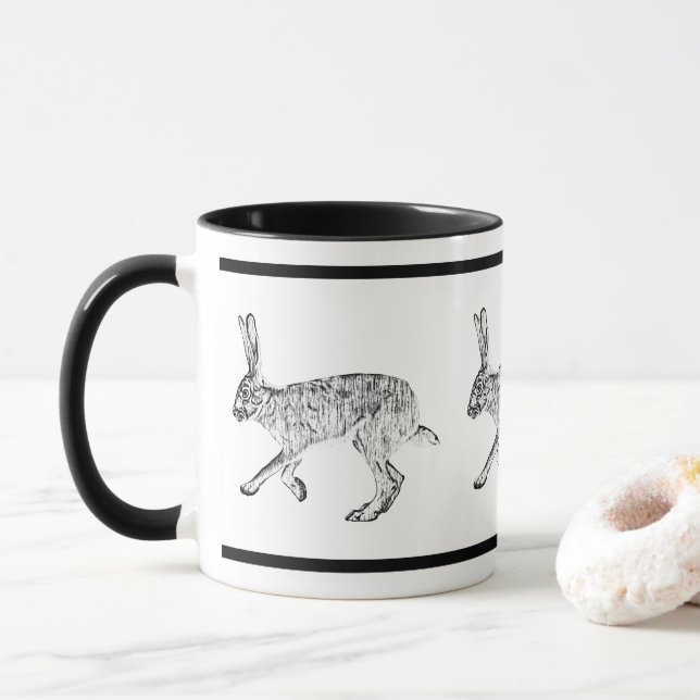 Taza Diseño de Jackrabbit del Suroeste Negro y Blanco (Con donut)