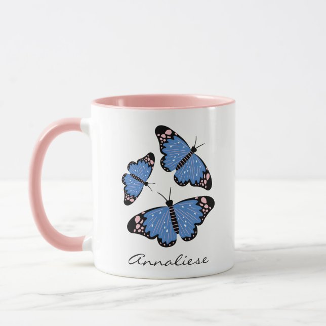 Taza Diseño de mariposa azul moderno de moda personaliz (Izquierda)
