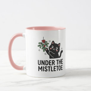 Taza Diseño de Muérdago Gato Negro Nieve Alegre