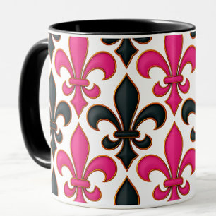 Taza Diseño de patrón barroco de flor de lis negro rosa