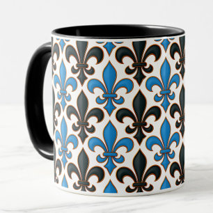 Taza Diseño de patrón barroco flor de lis negro azul