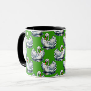 Taza Diseño de patrón de aves cisnes sobre verde
