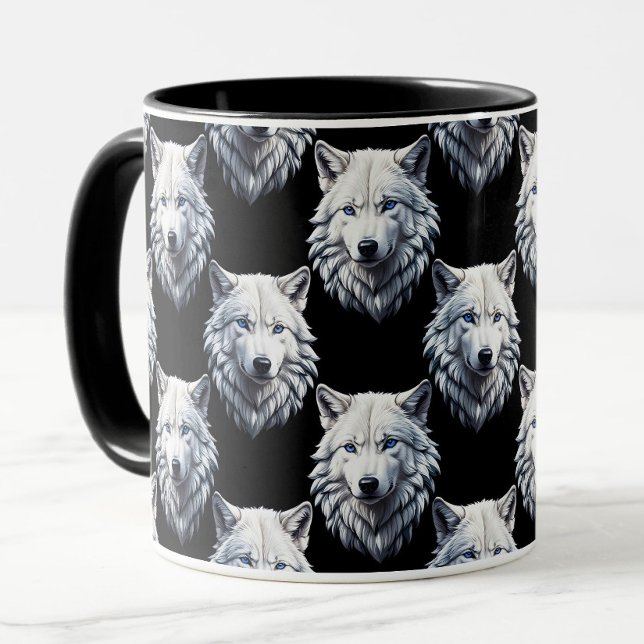 Taza Diseño de patrón de cabeza de lobo blanco (Subido por el creador)