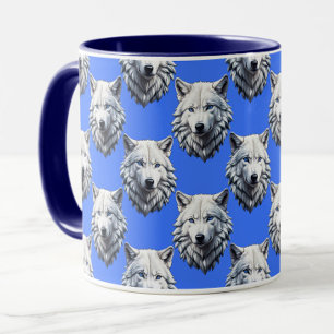 Taza Diseño de patrón de cabeza de lobo blanco azul