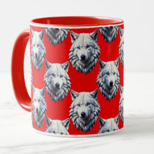 Taza Diseño de patrón de cabeza de lobo blanco - rojo