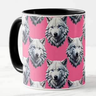 Taza Diseño de patrón de cabeza de lobo blanco rosa