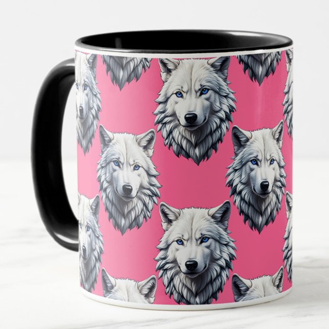 Taza Diseño de patrón de cabeza de lobo blanco rosa (Subido por el creador)
