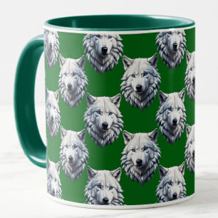 Taza Diseño de patrón de cabeza de lobo blanco verde