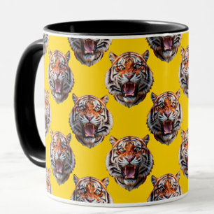 Taza Diseño de patrón de cabeza de tigre amarillo