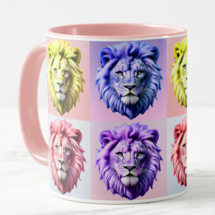 Taza Diseño de patrón de cuadros con cabeza de león en
