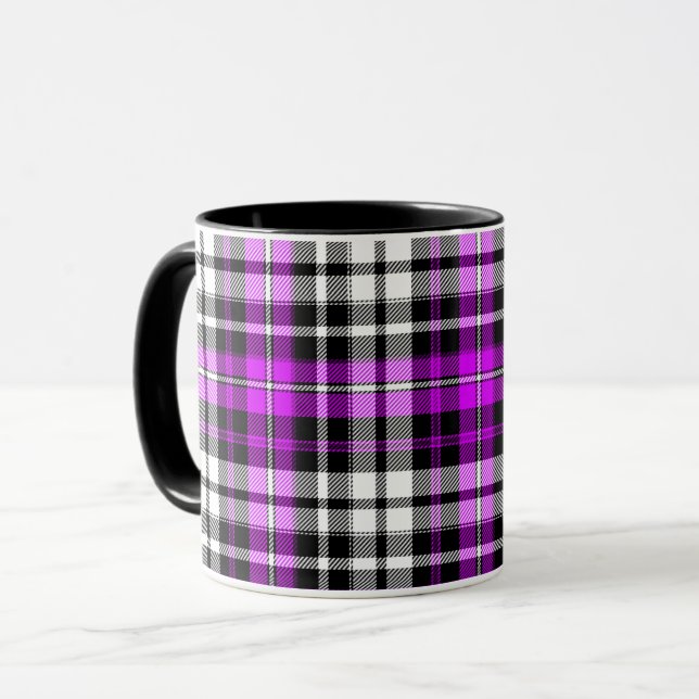 Taza Diseño de patrón de cuadros escoceses negro morado (Anverso izquierdo)