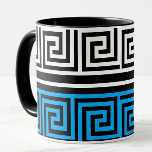 Taza Diseño de patrón de llave griega azul negro blanco