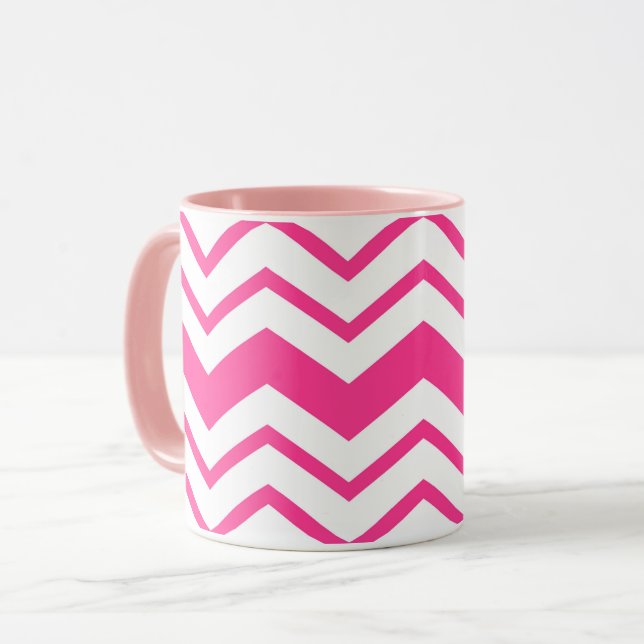 Taza Diseño de patrón en zigzag de Chevron blanco rosa (Anverso izquierdo)