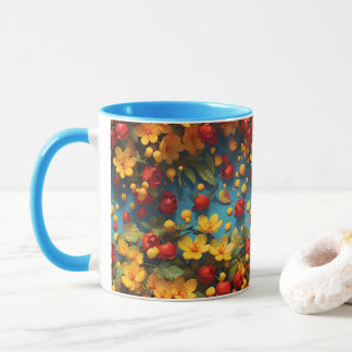 Taza Diseño de Patrón Floral Amarillo y Rojo Vibrante