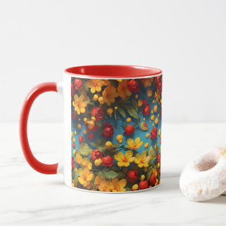 Taza Diseño de patrón floral vibrante amarillo y rojo