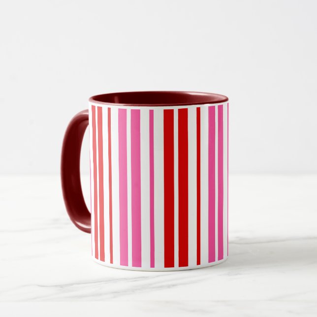 Taza Diseño de rayas verticales rosadas blancas rojas (Anverso izquierdo)