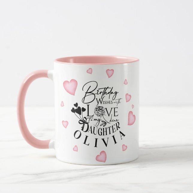Taza Diseño de texto de cumpleaños para hija con corazo (Izquierda)