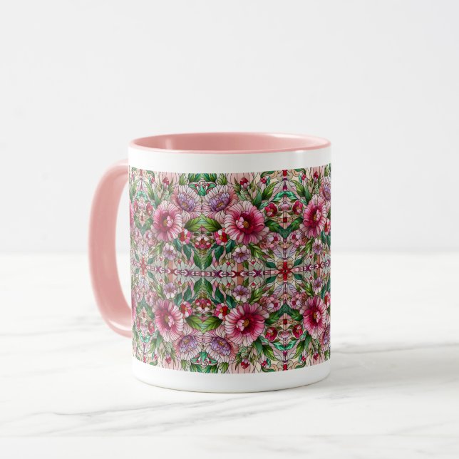 Taza Diseño de vidrio manchado de flores rosadas (Anverso izquierdo)